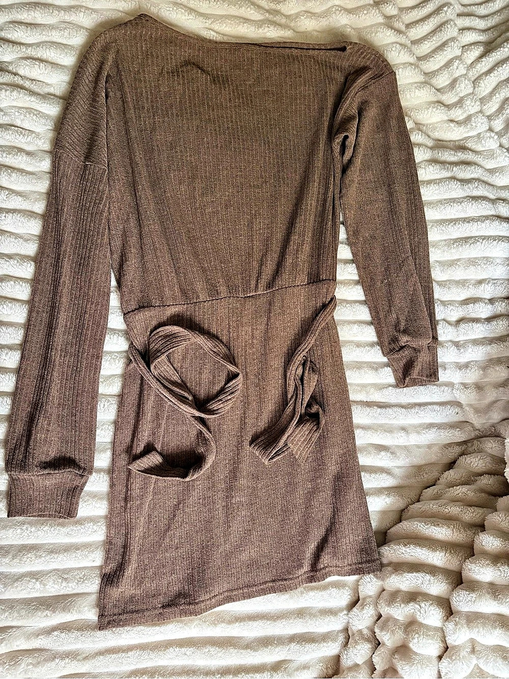 SHEIN Ribbed Wrap Mini Dress in Brown Size Large